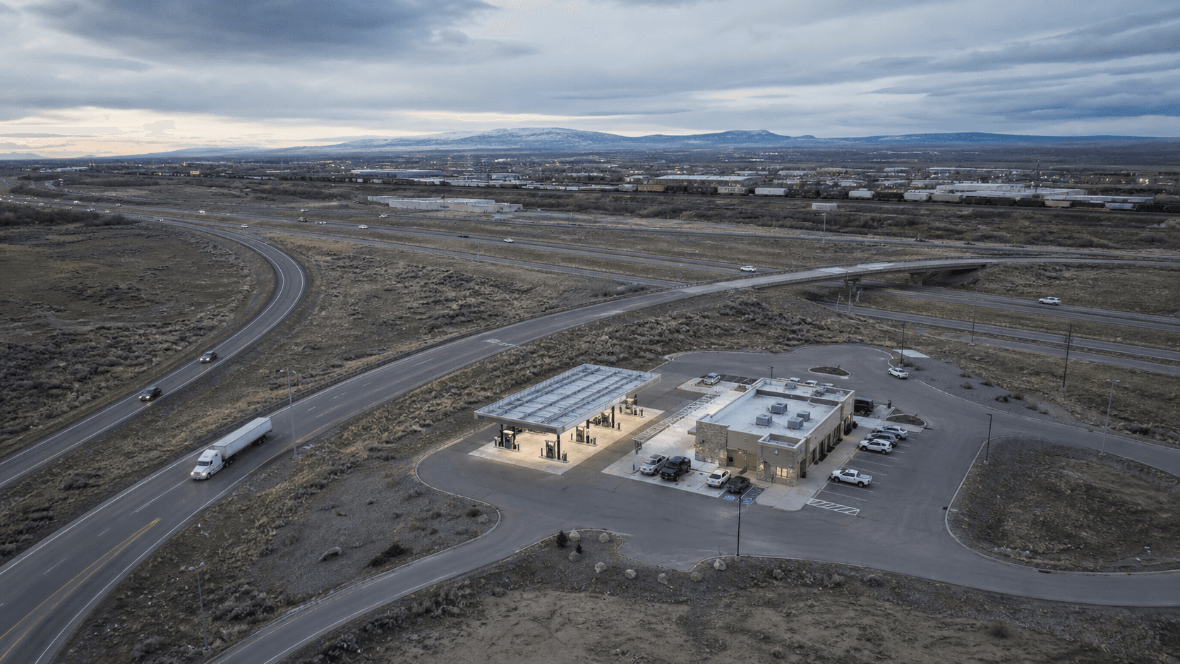 Roadside commercial infrastructure near a highway interchange